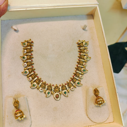 Gold antique finish lakshmi necklace set with jhumka