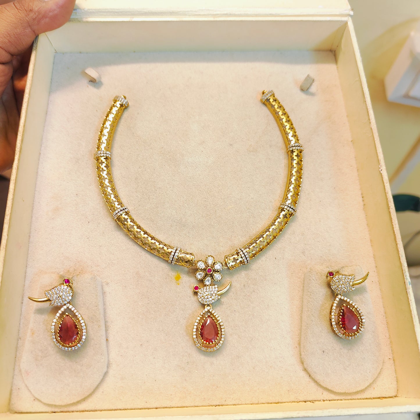 Sparkling ruby red bird kanti set