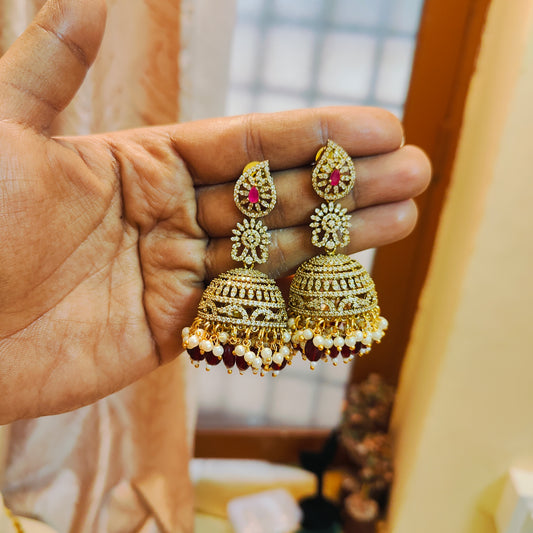 Regal gold plated ruby and pearl jhumka