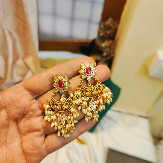 Antique gold floral chandbali earrings