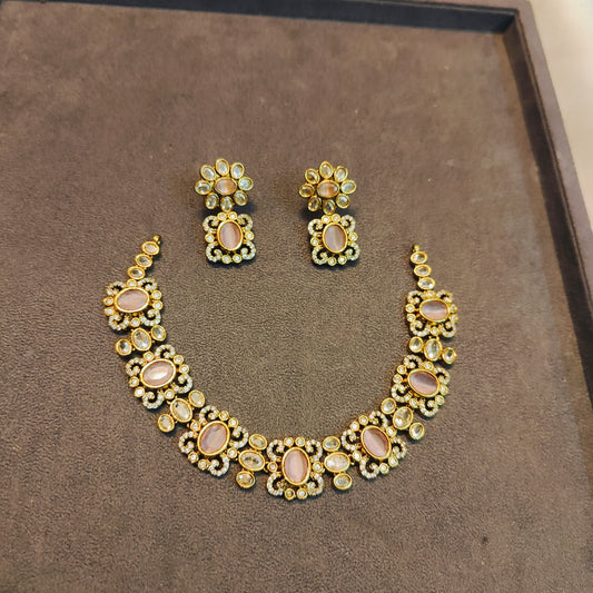 Baby pink cz quartz necklace set