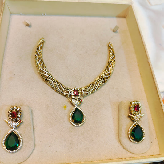 Regal emerald bird drop necklace set