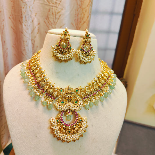 Divine gold antique finish lakshmi necklace set