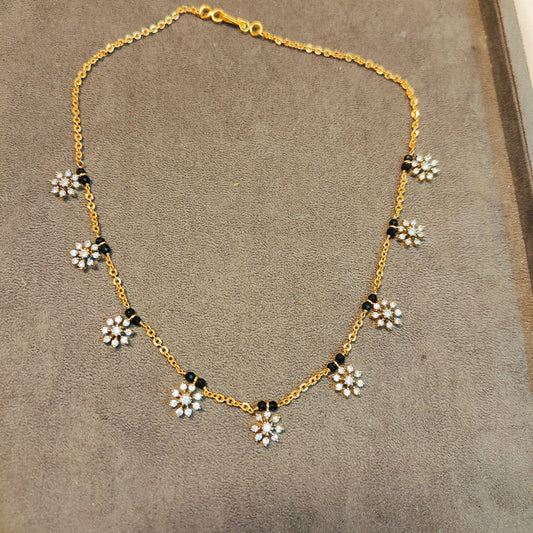 Floral diamond cz black beads chain