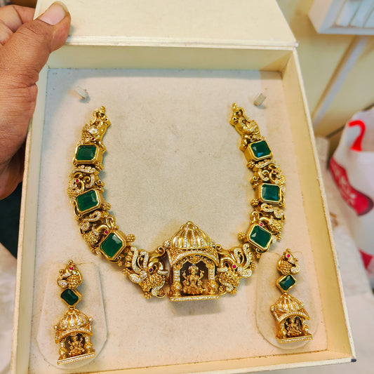 Bold lakshmi emerald antique nakshi necklace set