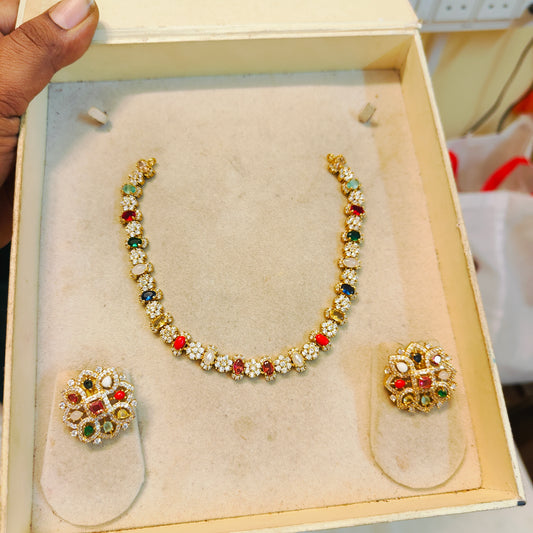 Elegant navratna neckset with matching stud