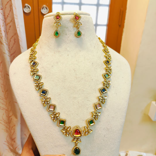 Elegant multicolour AD stones haram with drop earrings