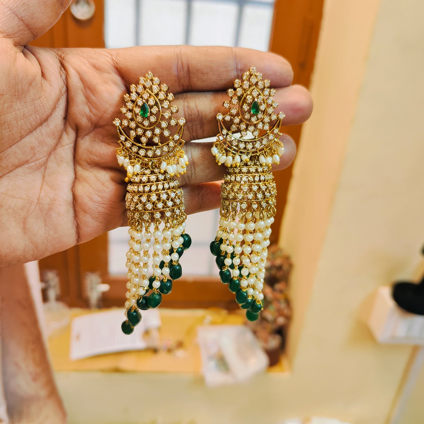 Designer CZ pearl green beads chandbali earrings