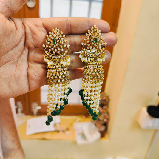 Designer CZ pearl green beads chandbali earrings