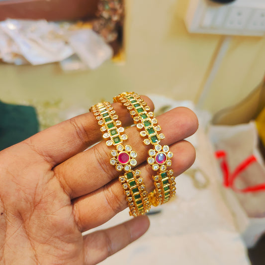 Elegant green stone ruby floral bangles