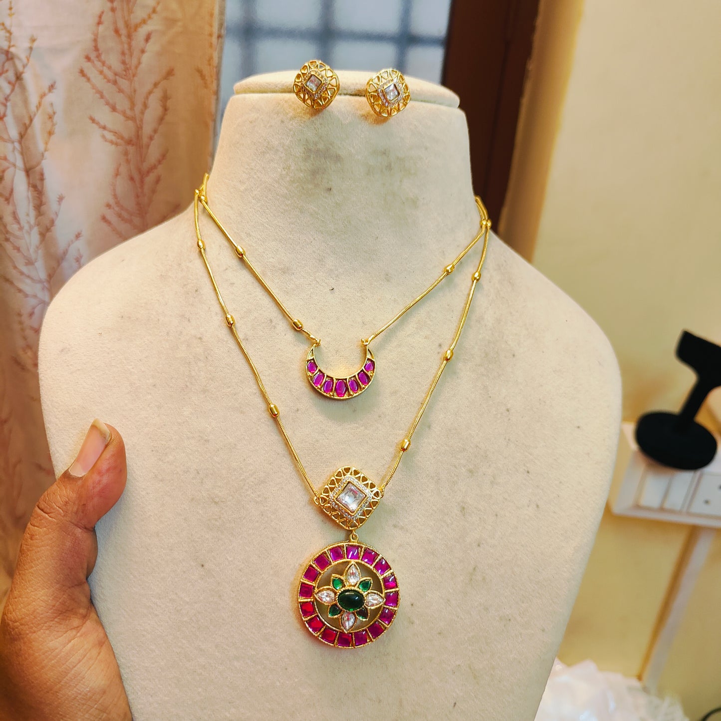 Radiant ruby & emerald dual pendant chain