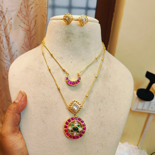 Radiant ruby & emerald dual pendant chain