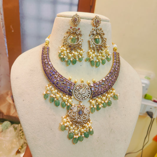 Royal purple stone chokerset with pearl and strawberry beads