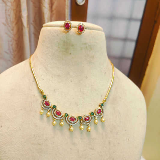 Ruby & emerald drop necklace set with pearl hanging