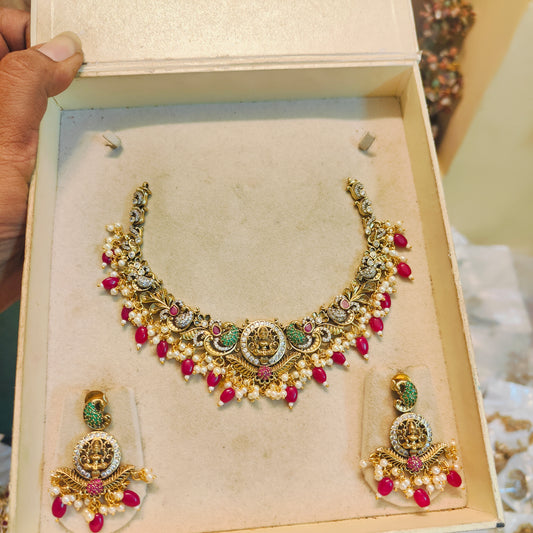 Antique lakshmi jadau necklace set with ruby pink beads