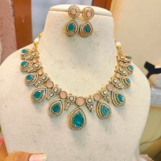 Aqua blue & Peach stone bold designer jadau necklace set