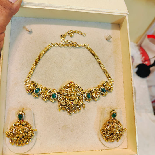 Antique lakshmi choker set with peacock motif