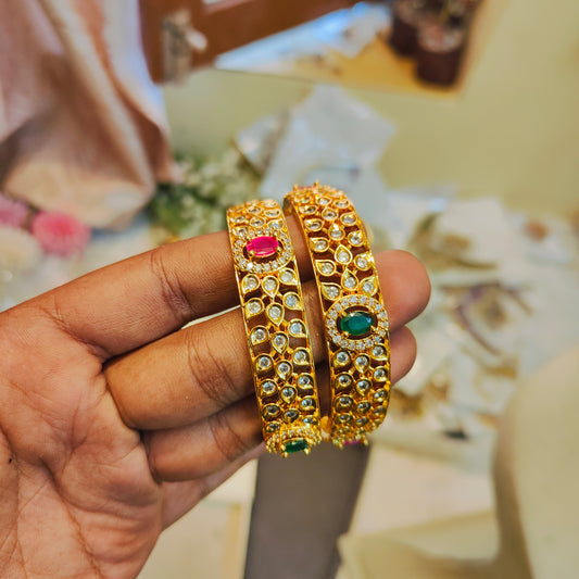Cz stone studded ruby emerald gold replica bangles