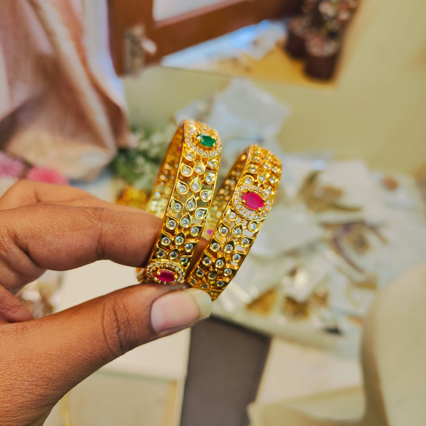 Cz stone studded ruby emerald gold replica bangles