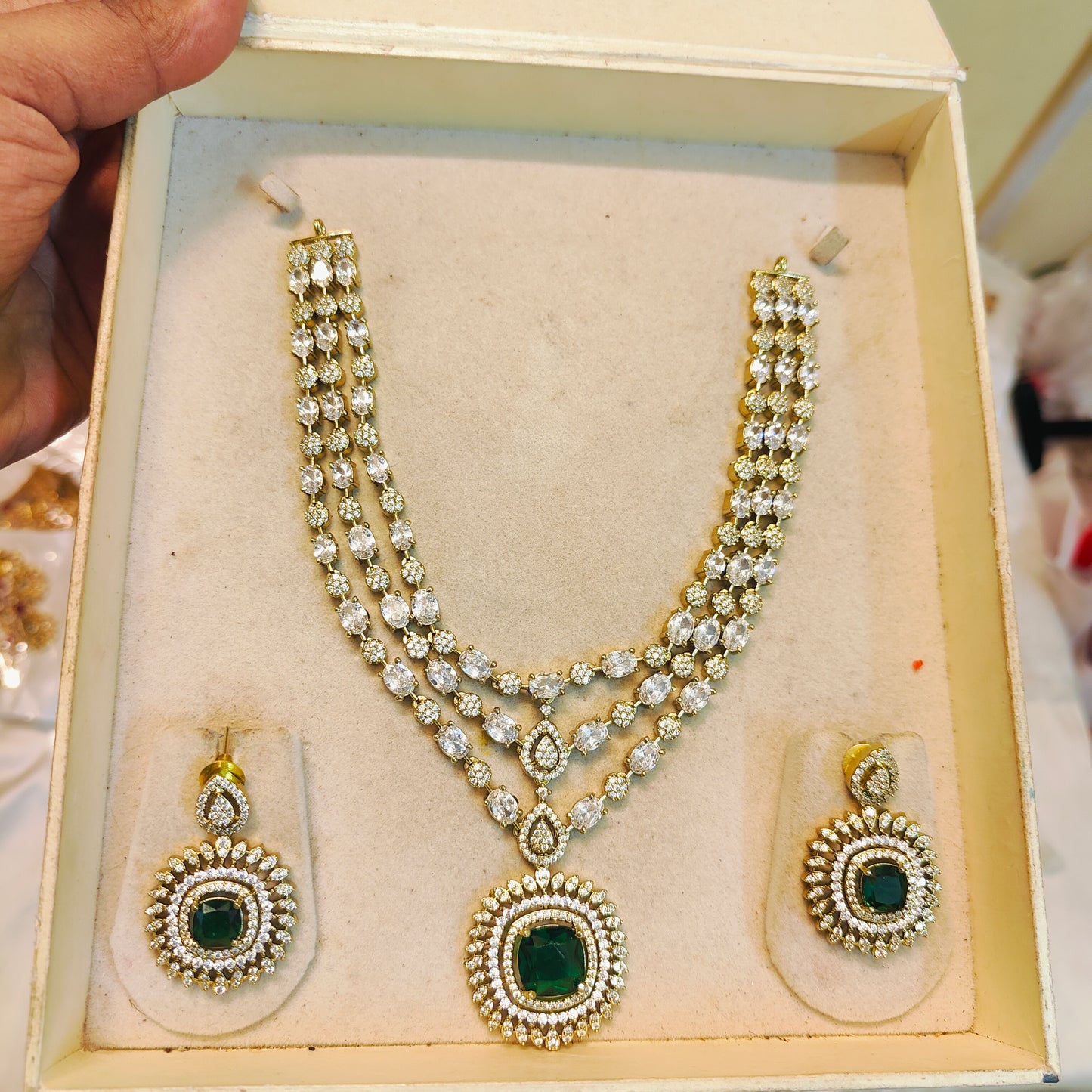 Three layer diamond emerald elegance necklace set