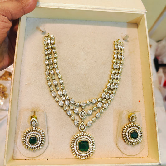 Three layer diamond emerald elegance necklace set