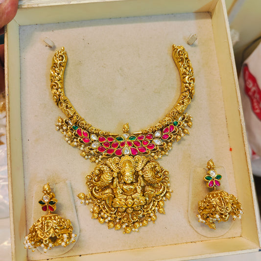 Divine lakshmi antique temple Kanti jadau brass necklace set