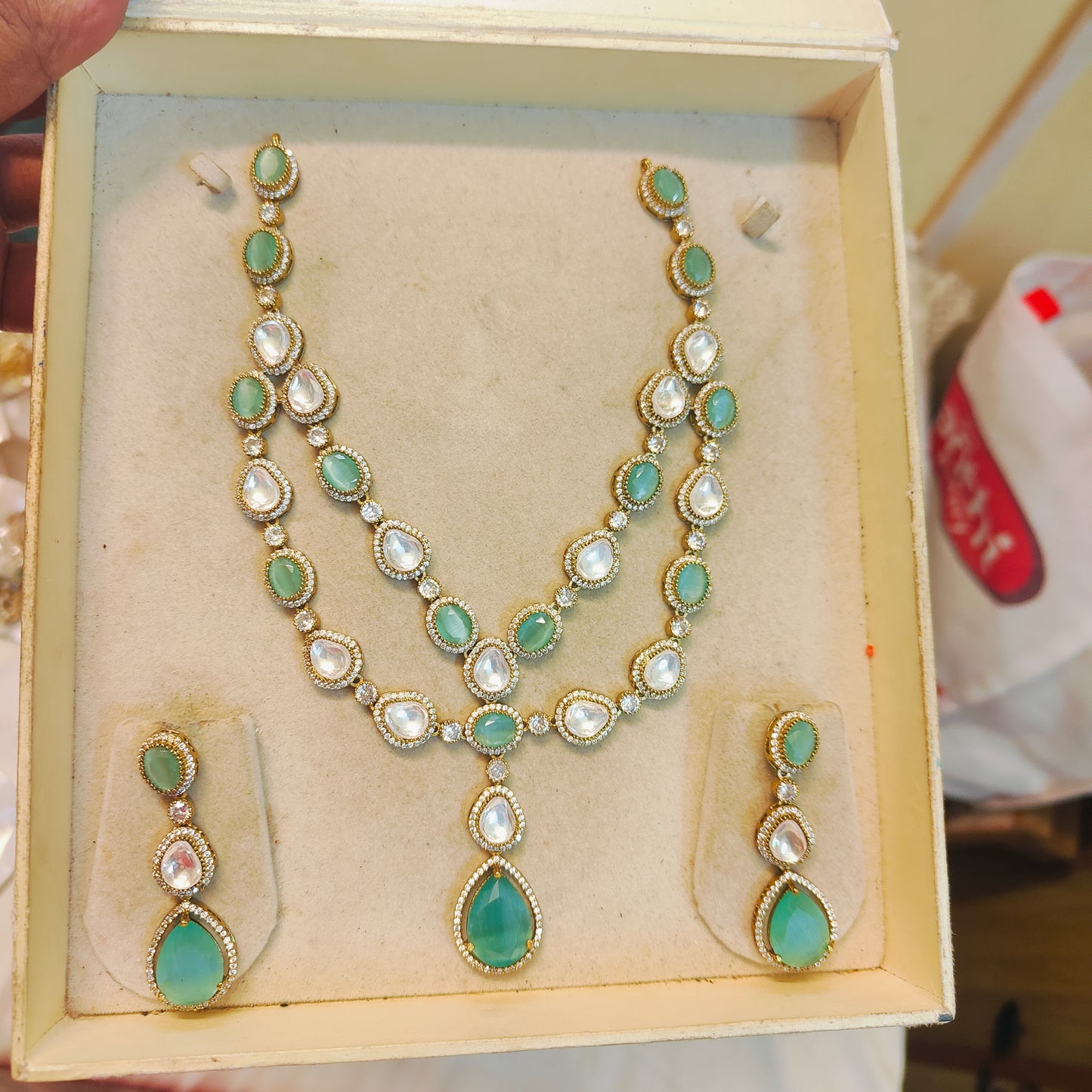 Polki jadau kundan 2 layer Aqua Blue necklace set