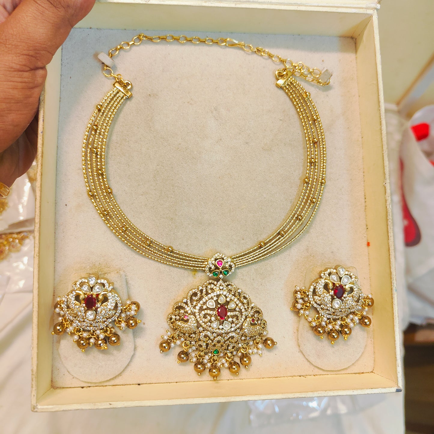 Cz diamond replica chandbali necklace set