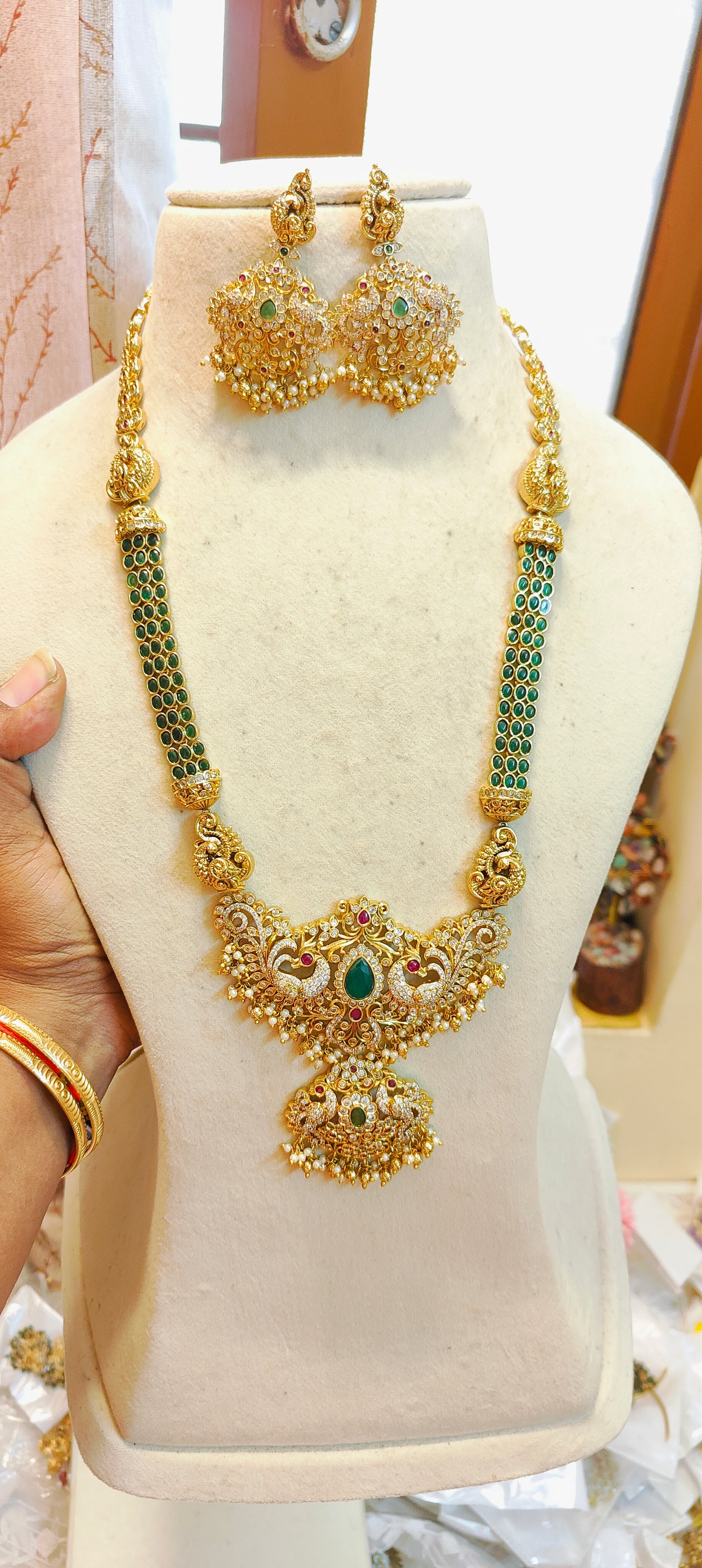 Heritage inspired emerald stones gold antique finish haram premium quality