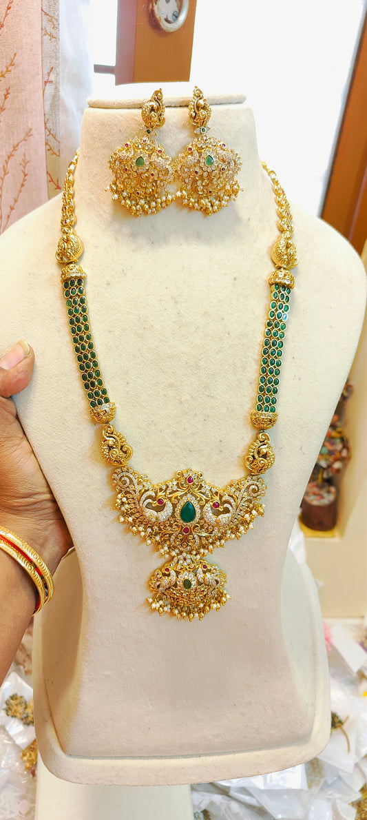 Heritage inspired emerald stones gold antique finish haram premium quality