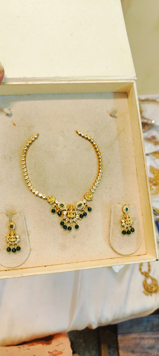 Divine lakshmi emerald beads necklace set