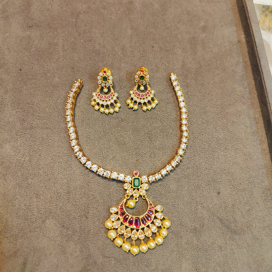 Classic pearl drop AD stones jadau necklace set
