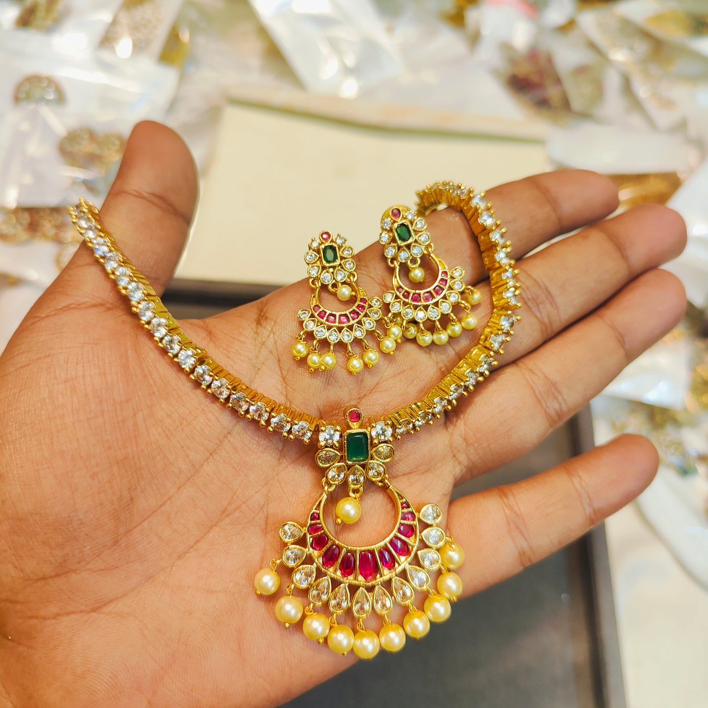 Classic pearl drop AD stones jadau necklace set