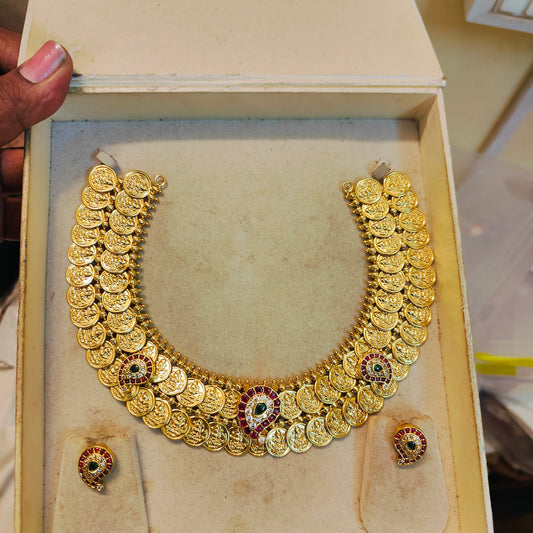 Grand Kemp stones lakshmi coin necklace set
