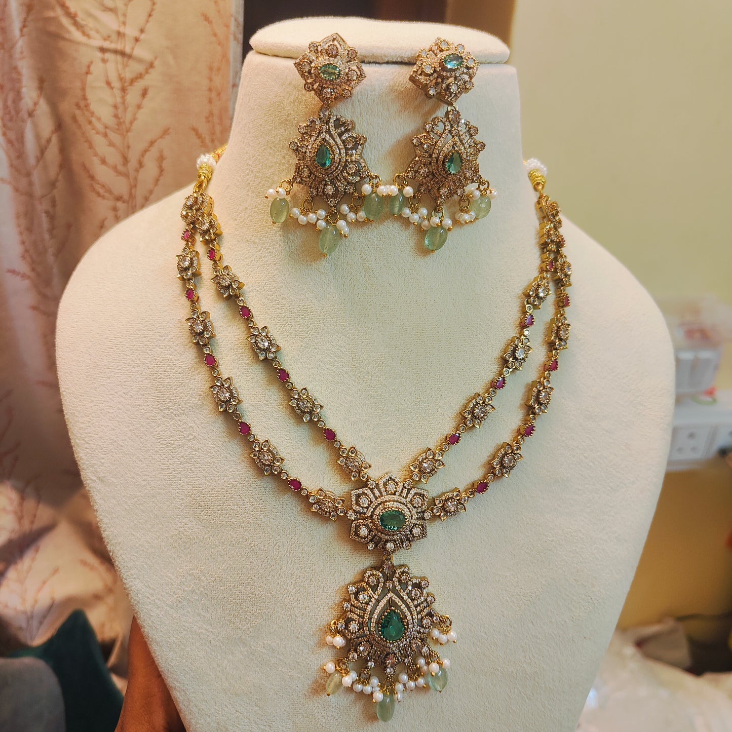 Grand emerald ruby heritage double layer necklace set