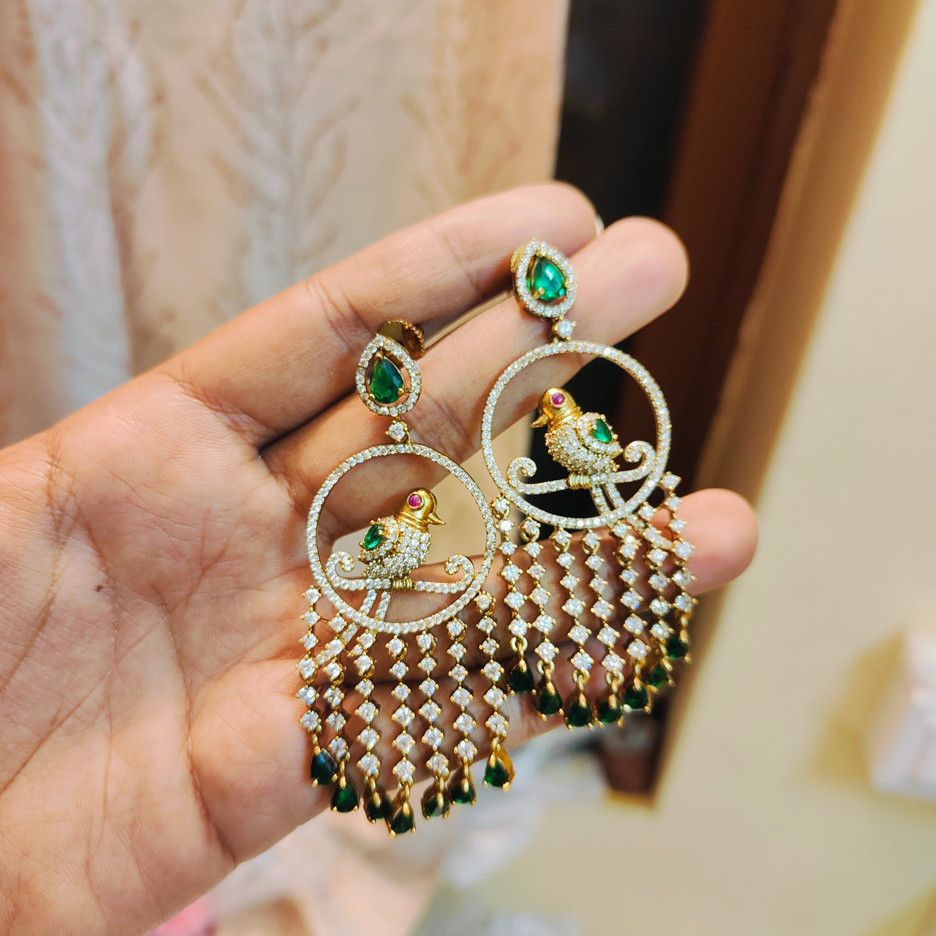 Emerald bird cz chandelier earrings