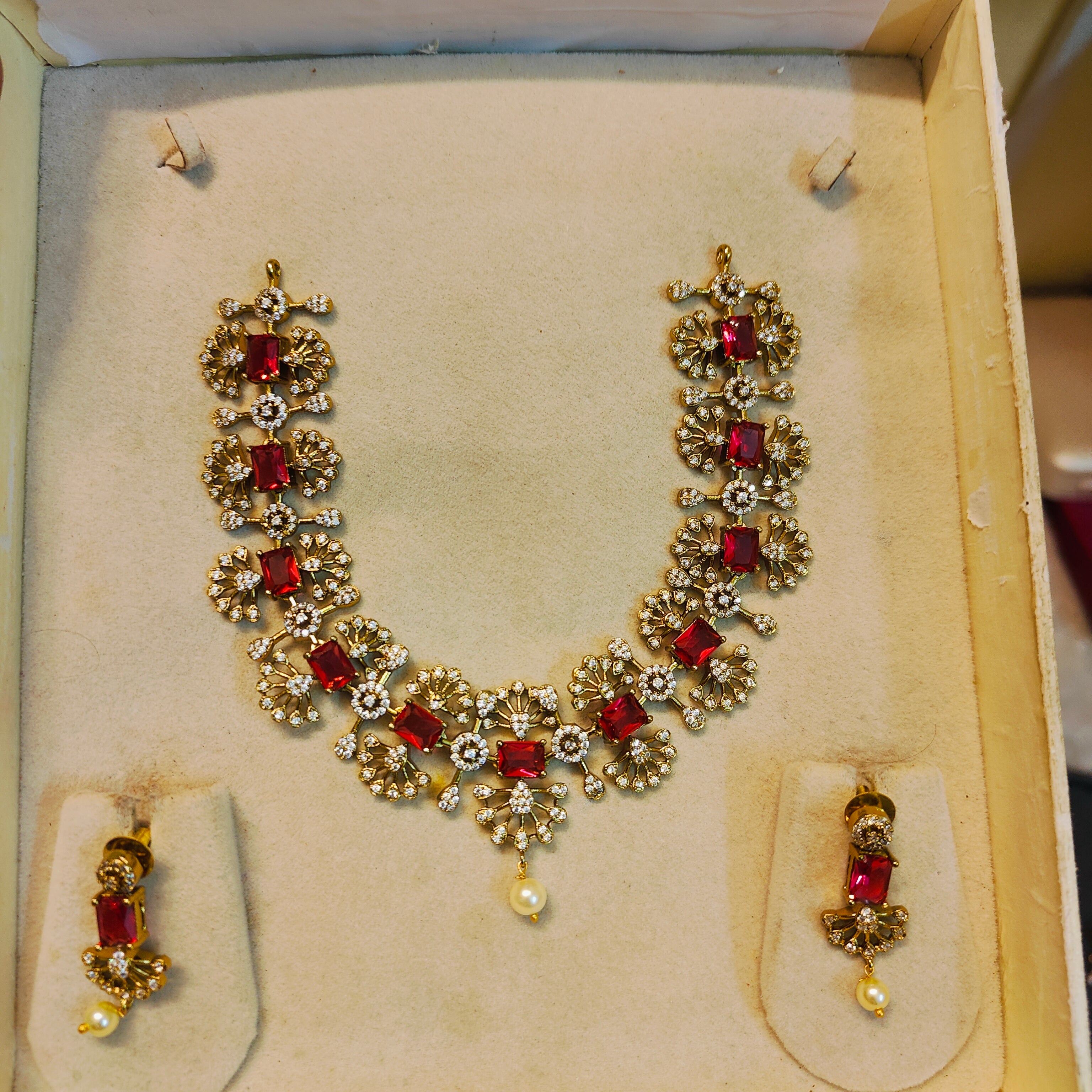 Ruby Cz square cut necklace set