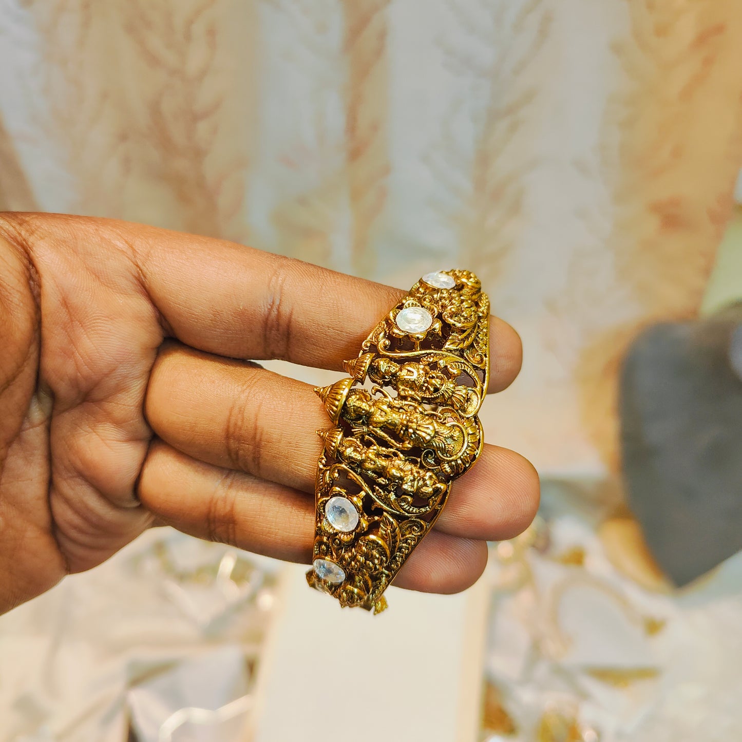 Exquisite gold antique Kada with kundan accent