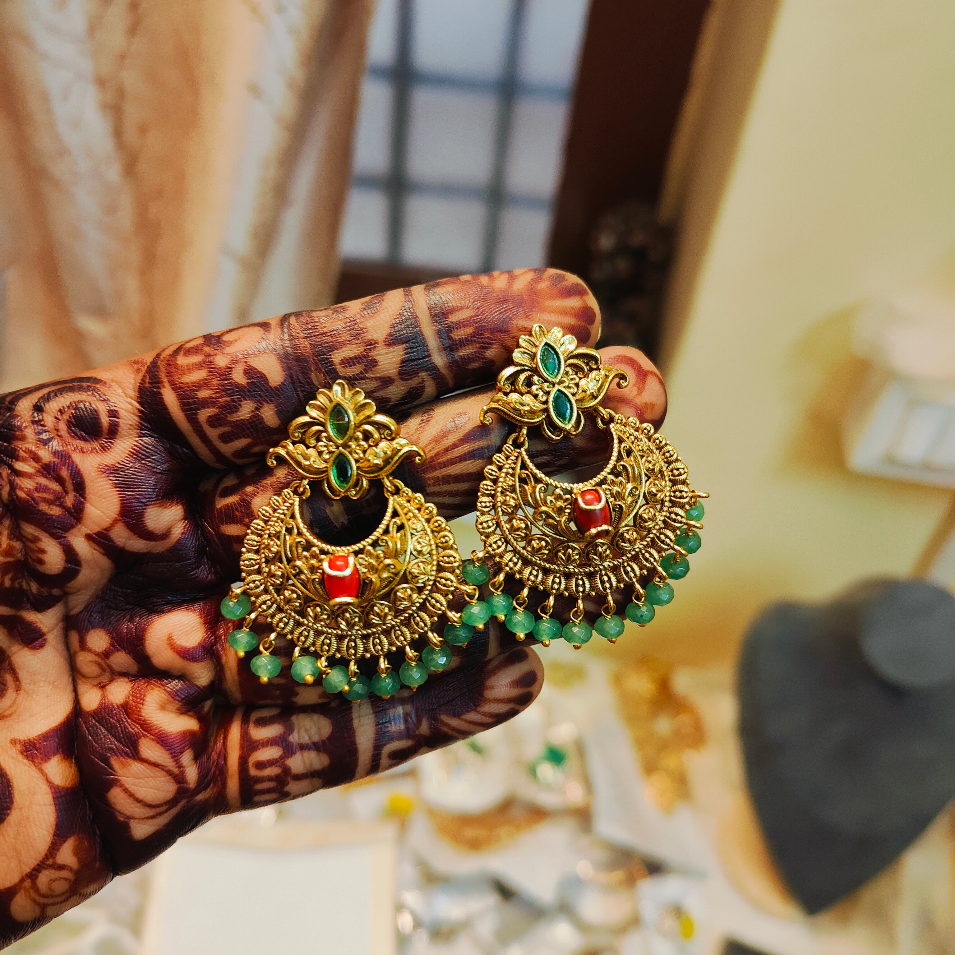 Royal antique finish Green beads chandbali