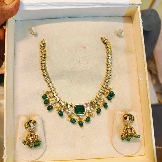 Royal Emerald Cz necklace set with Peacock Jhumka