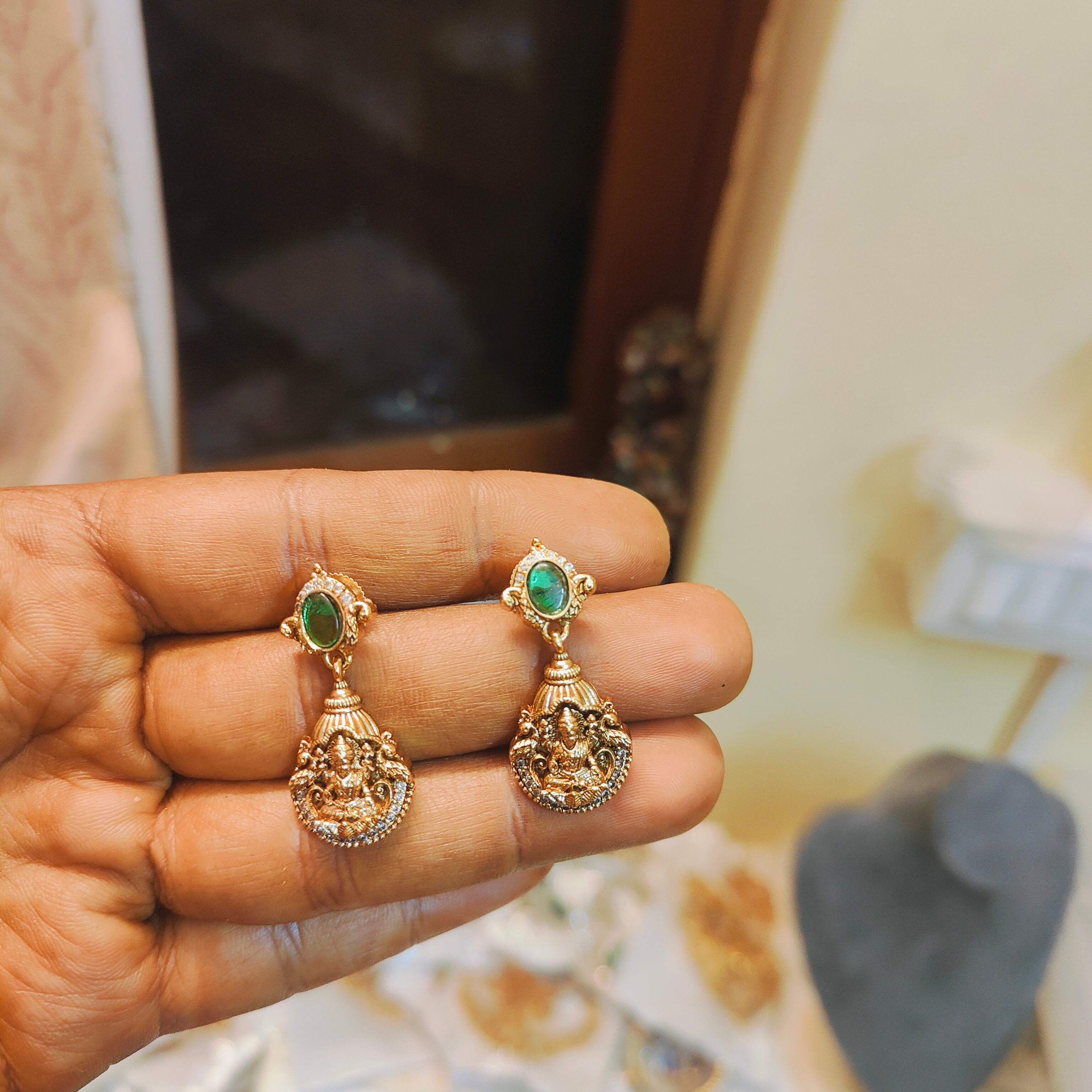Antique Lakshmi Green stone drop earrings