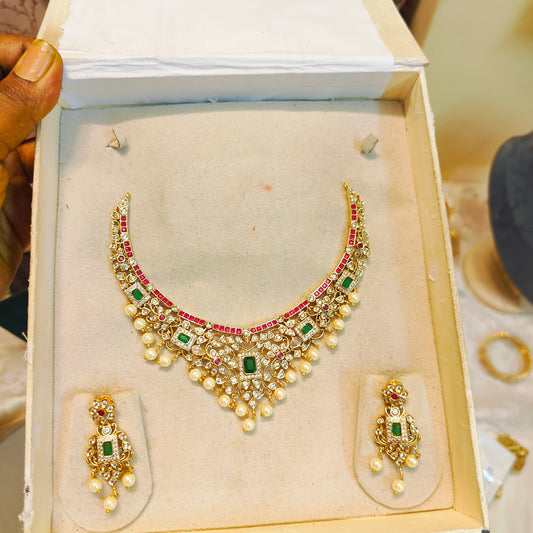 Ruby Emerald Cz stone classic necklace set