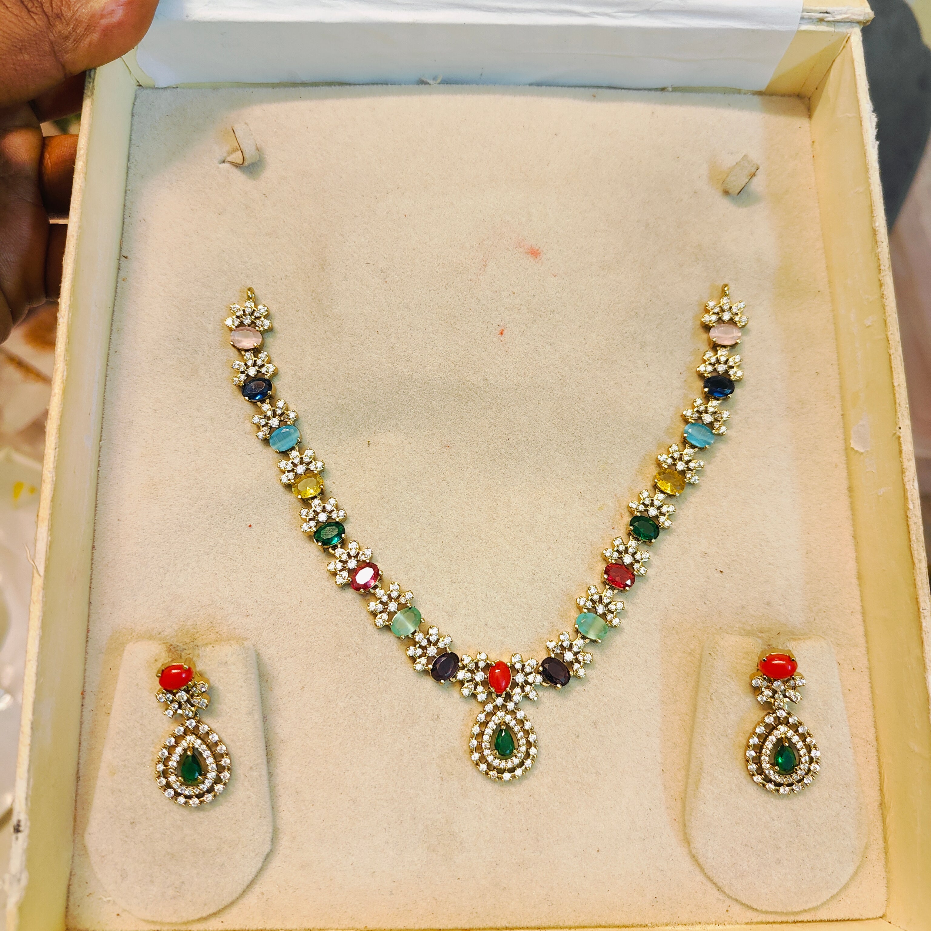 Elegant CZ Multicolour jadau necklace set