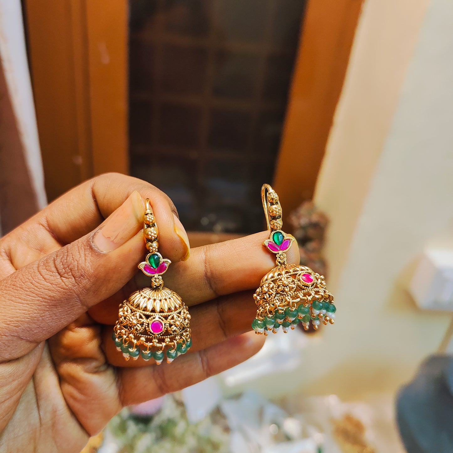 Antique Green Beaded Jhumka earrings
