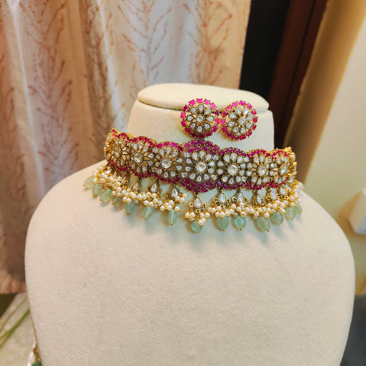 Moissanite kundan choker set with pearl accents