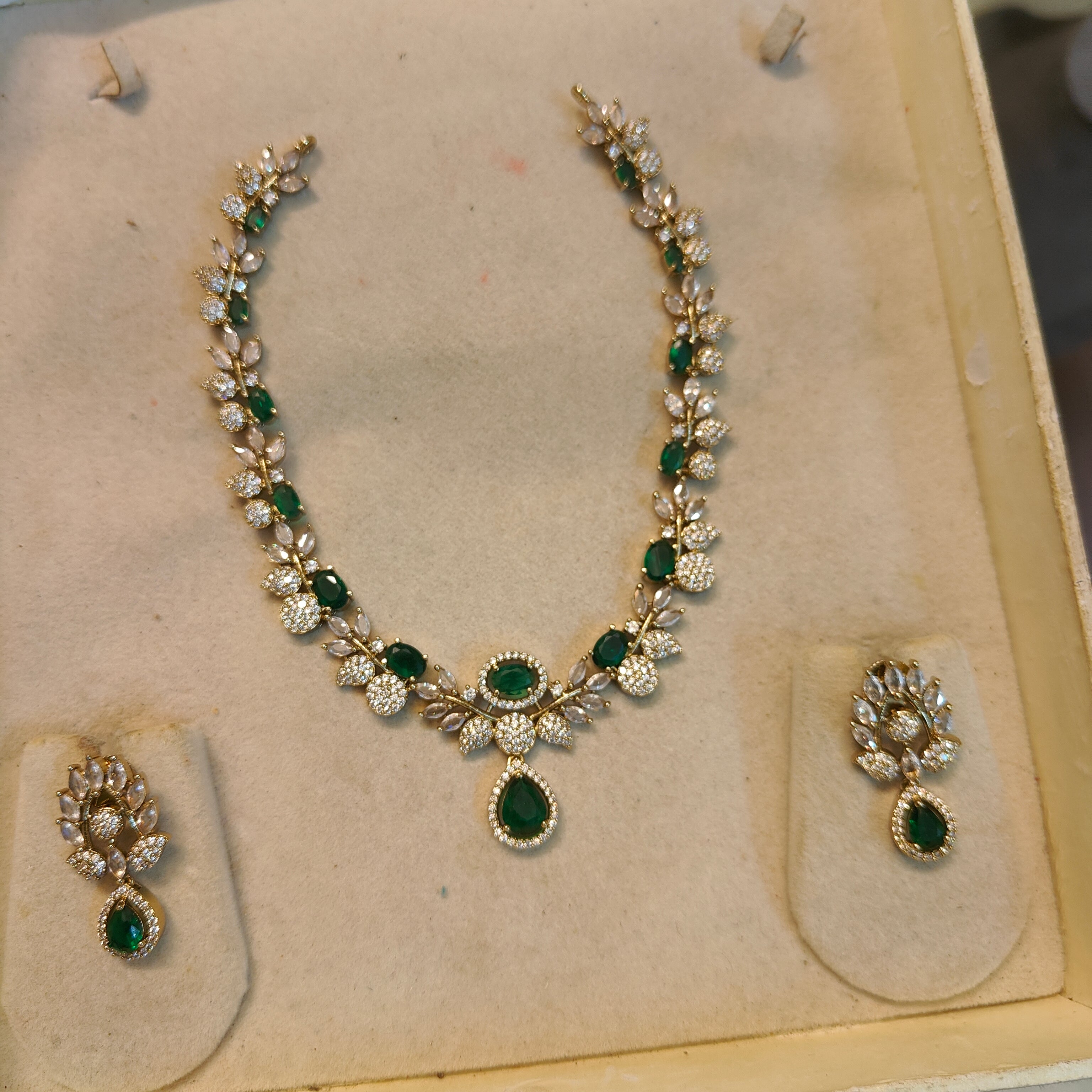 Emerald cz stone gold plated necklace set