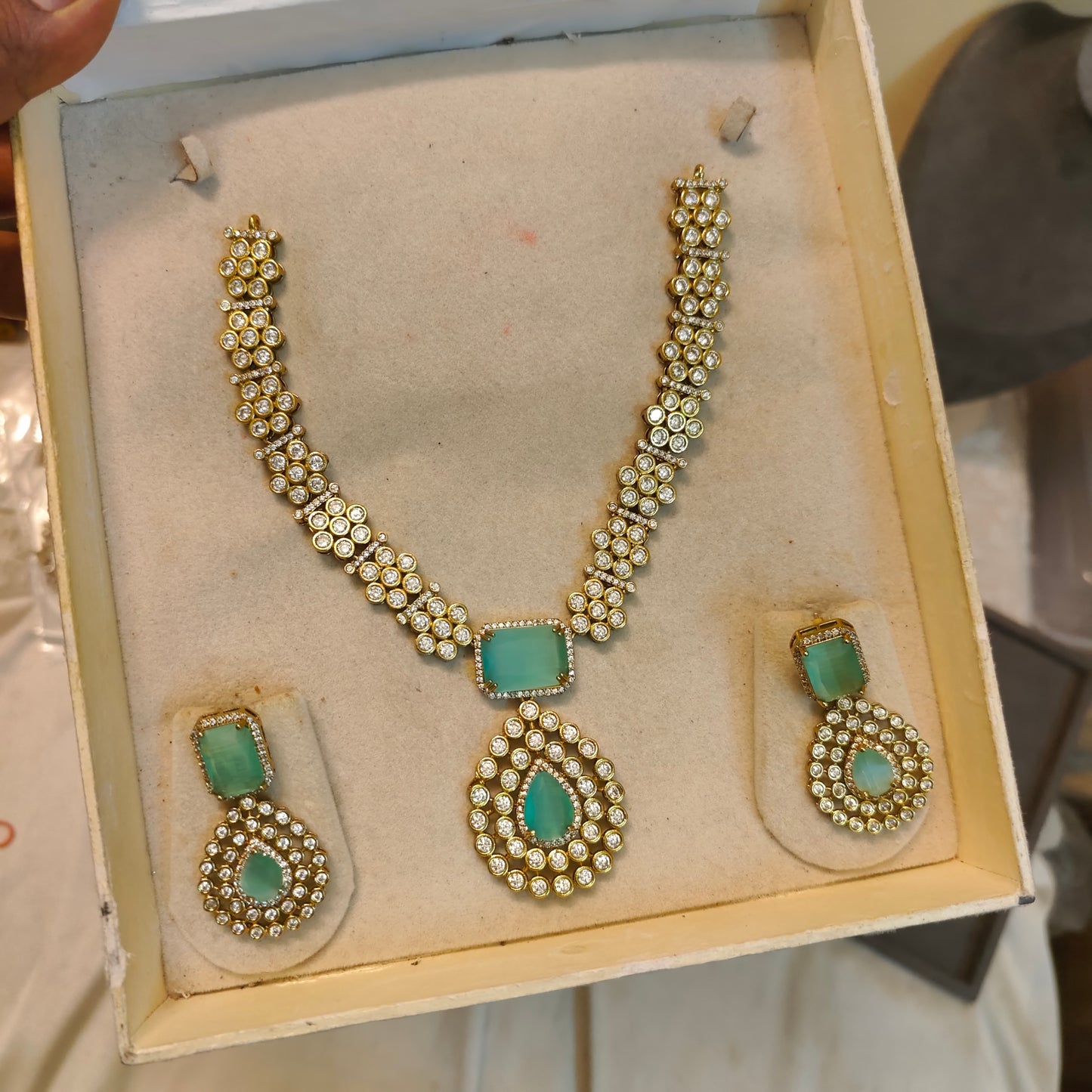 Mint Green Cz stone Gold plated necklace set