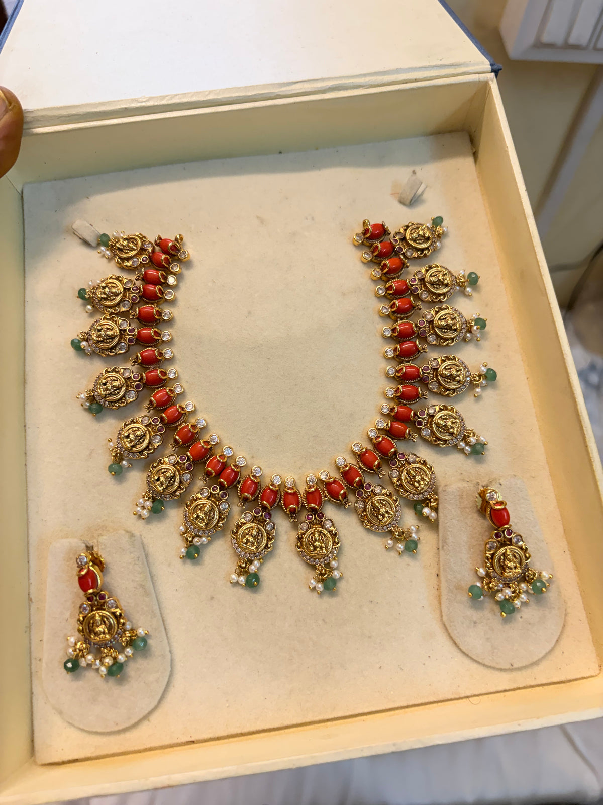 Gold antique finish jadau brass made pagadam necklace set premium quality