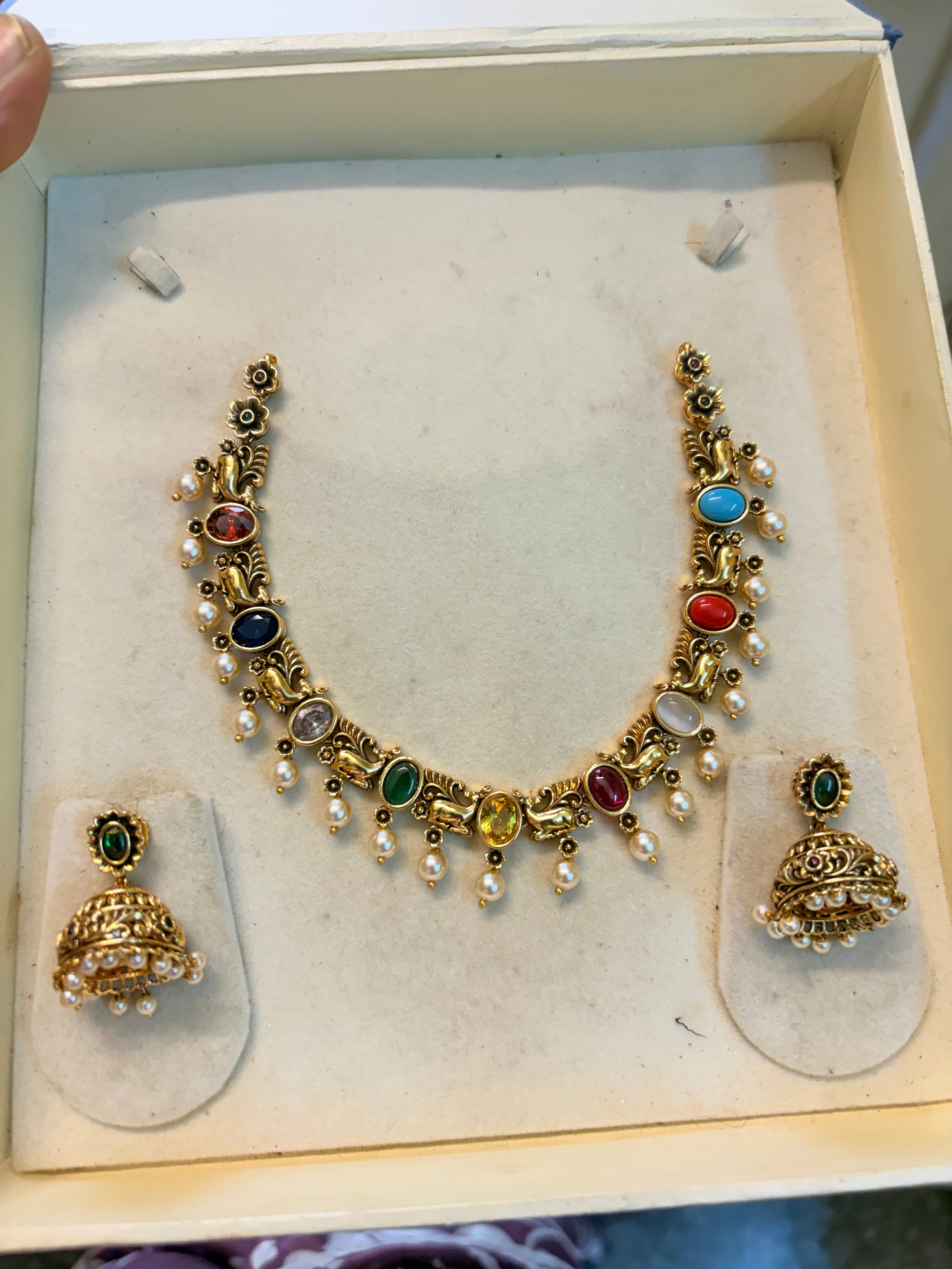 Gold antique finish Navaratna jadau brass made necklace set premium quality