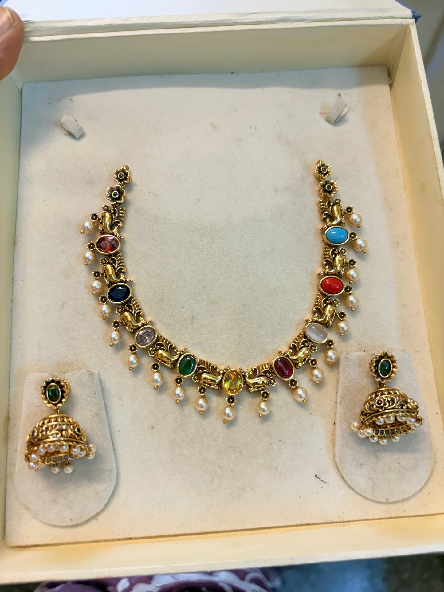 Gold antique finish Navaratna jadau brass made necklace set premium quality